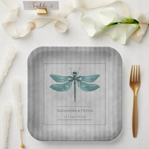 Teal Jeweled Dragonfly Wedding Paper Plates