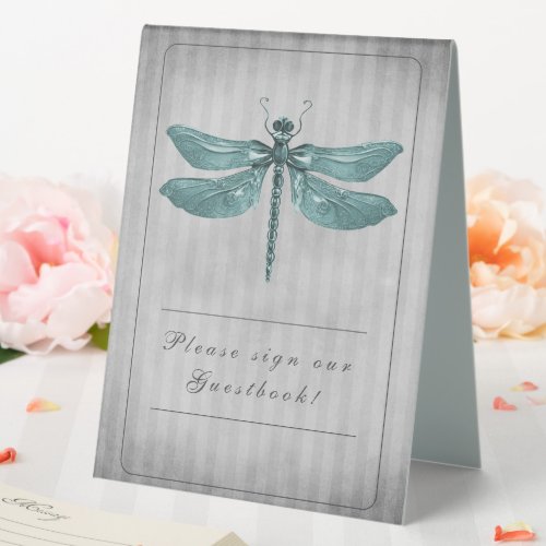 Teal Jeweled Dragonfly Wedding Table Tent Sign