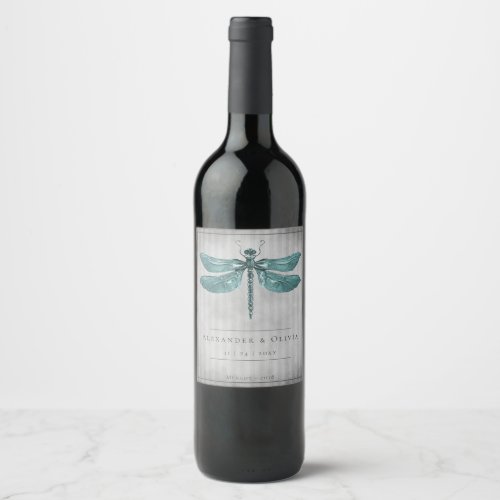 Teal Jeweled Dragonfly Wedding Wine Label