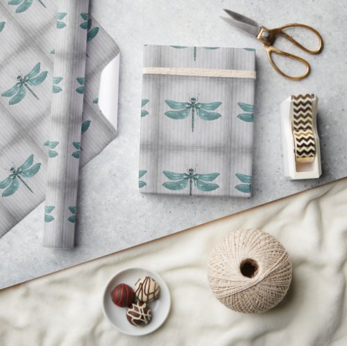 Teal Jeweled Dragonfly Wrapping Paper