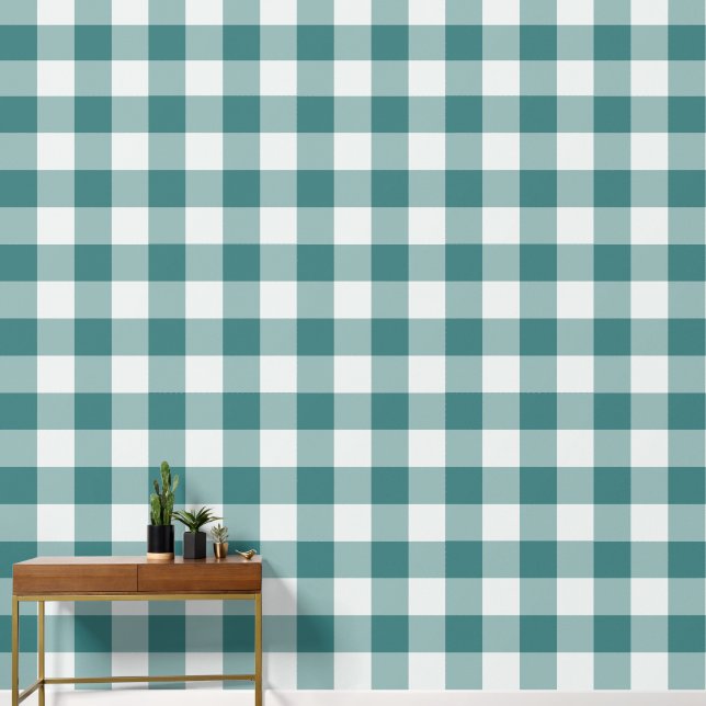 Teal Jumbo Gingham Check Plaid Wallpaper (Hallway)