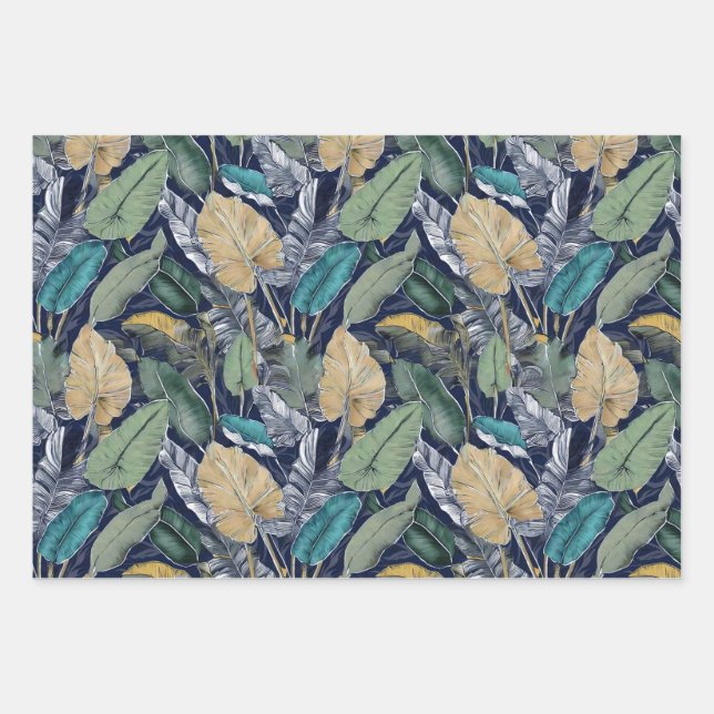 Teal Jungle Leaves Wrapping Paper (Front)