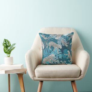 Teal Jungle Leopard and Tropical Monstera Leaves Throw Pillow