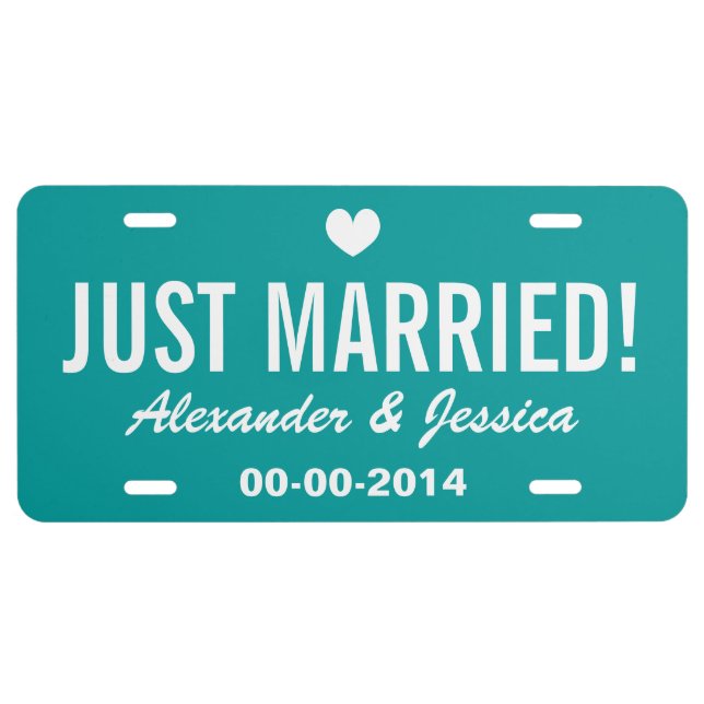 Teal Just married license plate for wedding car (Front)