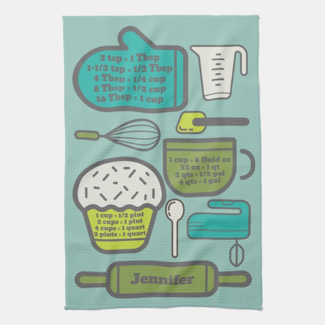 Teal Kitchen Recipe Conversions Personalized Kitchen Towel (Vertical)