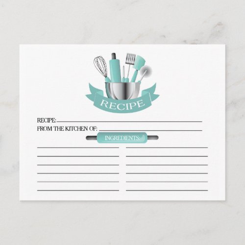 Teal Kitchen Tools Bridal Shower Recipe Cards