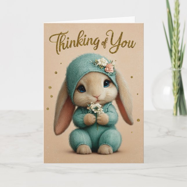Teal Knit Baby Bunny Thinking of You Card (Front)