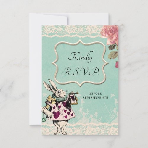 Teal Lace Alice in Wonderland Wedding RSVP Card