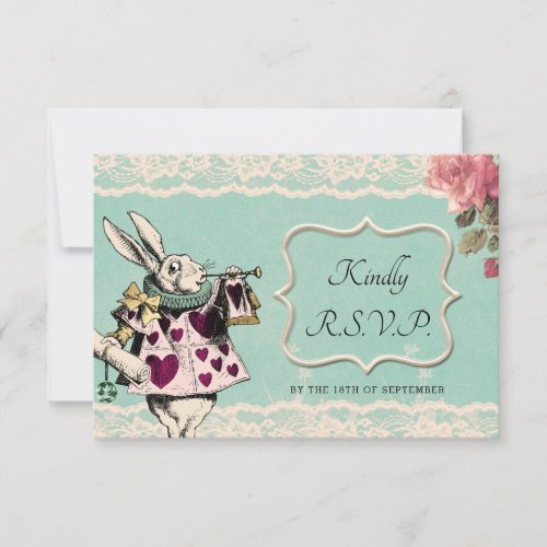 Teal Lace Alice in Wonderland Wedding RSVP Card