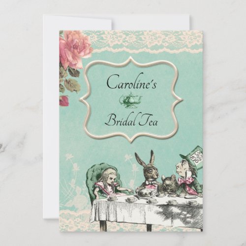 Teal Lace Alice Wonderland Tea Party Bridal Shower Invitation