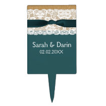 Teal Lace and Burlap Wedding Cake Topper