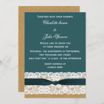 Teal Lace and Burlap Wedding Invitation