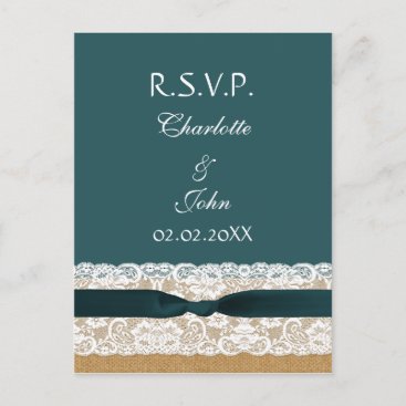 Teal Lace and Burlap Wedding Invitation Postcard