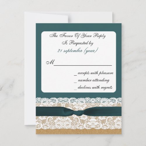 Teal Lace and Burlap Wedding RSVP Card