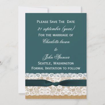 Teal Lace and Burlap Wedding Save The Date