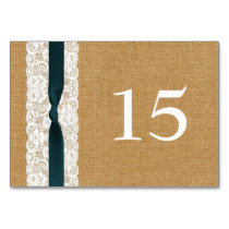 Teal Lace and Burlap Wedding Table Number
