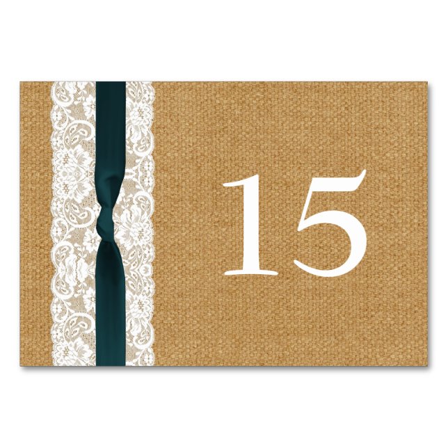 Teal Lace and Burlap Wedding Table Number (Front)