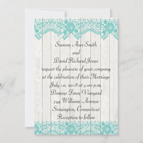 Teal Lace and Wood Rustic Wedding Invitation