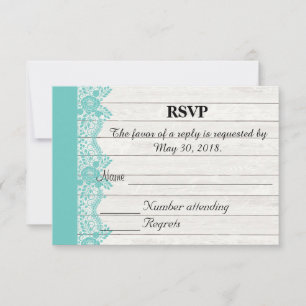 Teal Lace and Wood Rustic Wedding Invitation