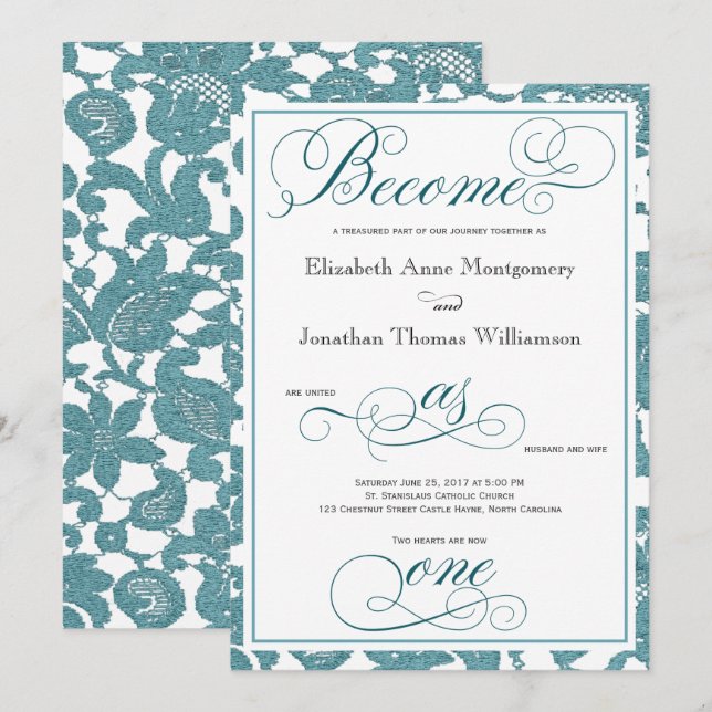 Teal Lace Become as One Christian Wedding Invitation (Front/Back)