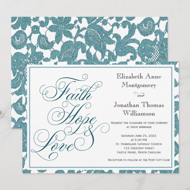 Teal Lace Faith Hope & Love Wedding Invitation (Front/Back)