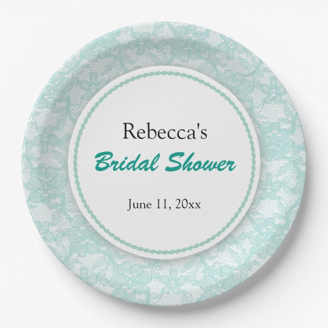Teal Lace Personalized Bridal Shower Paper Plates (Front)