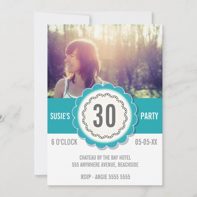 Teal Lace Photo 30TH Birthday Party Invite (Front)