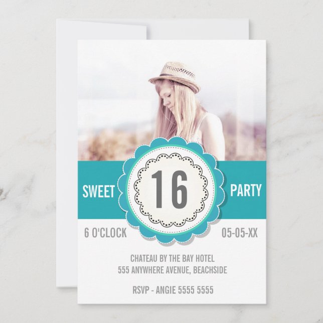 Teal Lace Photo Sweet 16 Birthday Party Invite (Front)