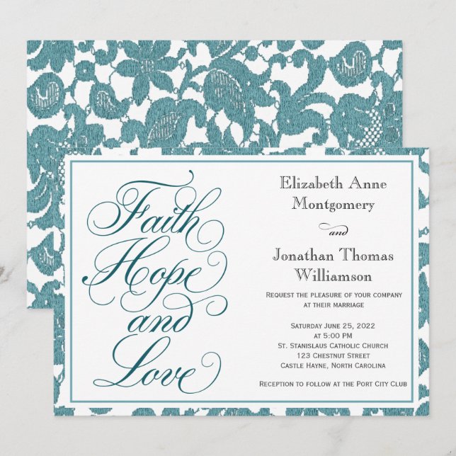 Teal Lace Script Faith Hope & Love Wedding Invitation (Front/Back)