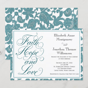 Teal Lace Script Faith Hope & Love Wedding Invitation