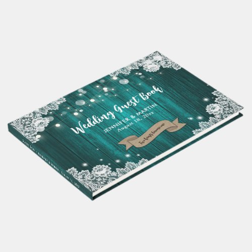 Teal Lace String Lights Wedding Guest Book
