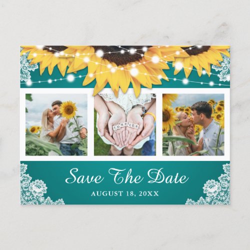 Teal Lace Sunflower Wedding Photo Save The Date Announcement Postcard