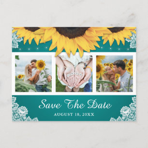 Teal Lace Sunflower Wedding Photo Save The Date Announcement Postcard