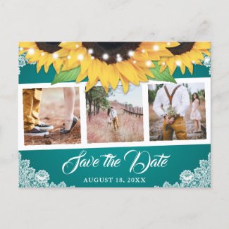 Teal Lace Sunflower Wedding Photo Save The Date Announcement Postcard