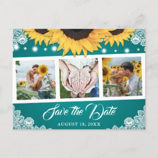 Teal Lace Sunflower Wedding Photo Save The Date Announcement Postcard