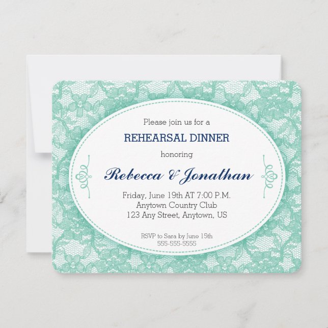 Teal Lace Vintage Rehearsal Dinner Invitation (Front)