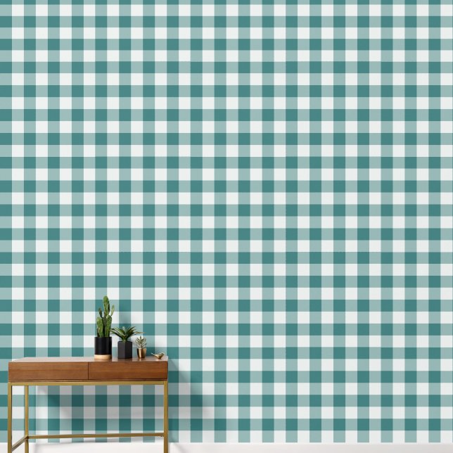 Teal Large Checkered Gingham Wallpaper (Hallway)