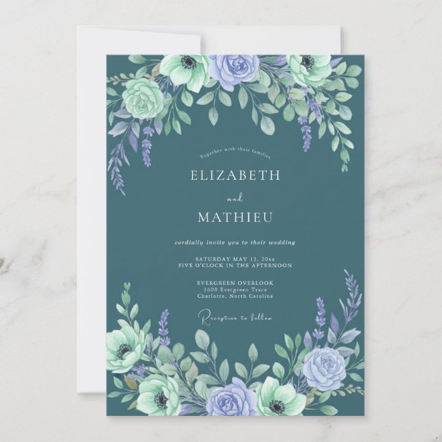 Teal Lavender Floral Arch Wedding Invitation (Front)