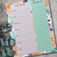 Teal Lavender Floral Meal Planner & Grocery List Notepad