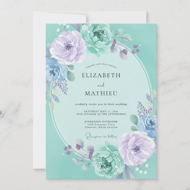 Teal Lavender Floral Wreath Wedding Invitation (Front)