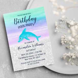 Teal Lavender White Glitter Dolphin Pool Birthday Invitation Postcard
