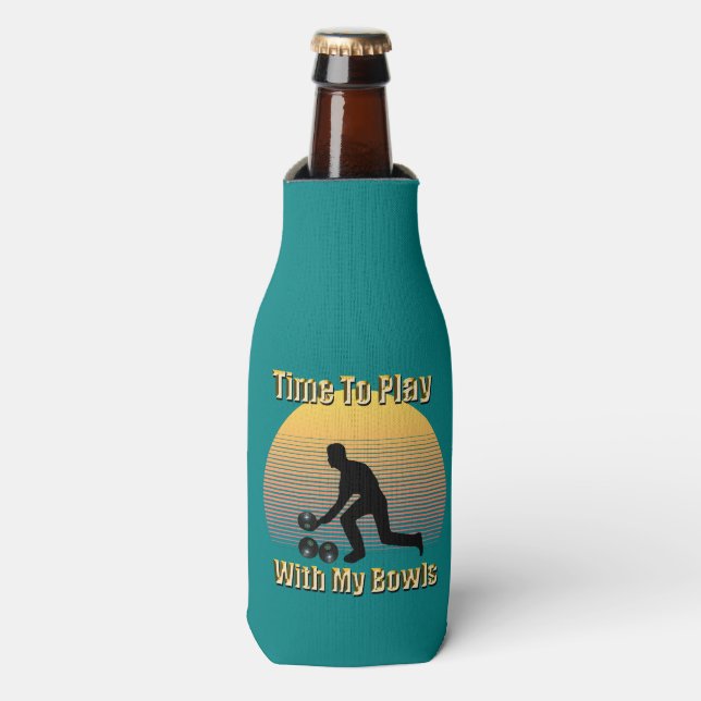 Teal Lawn Bowls Playtime, Bottle Cooler (Bottle Front)