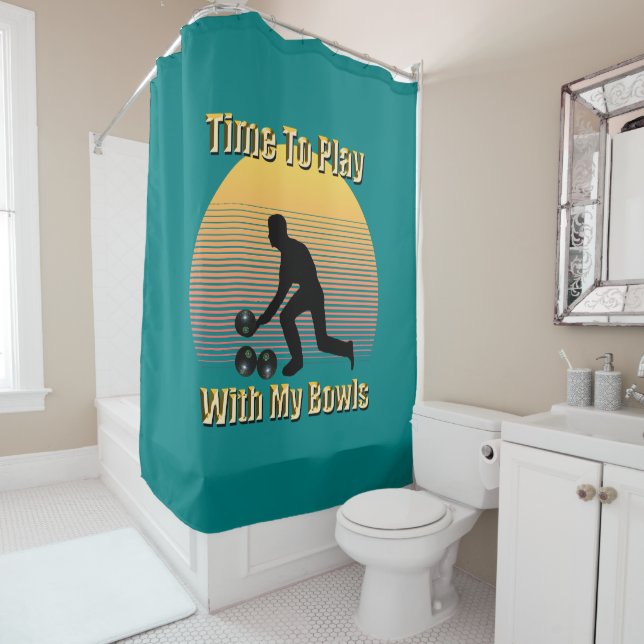Teal Lawn Bowls Playtime, Shower Curtain (In Situ)