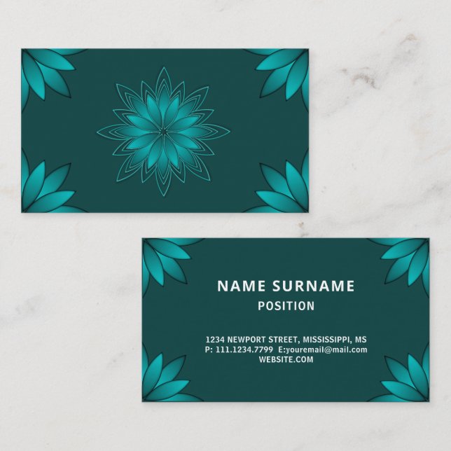 Teal Leaf Mandala Design on Dark Cyan Business Card (Front/Back)