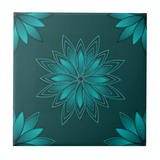 Teal Leaf Mandala Design on Dark Cyan Ceramic Tile (Front)