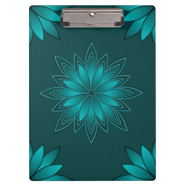 Teal Leaf Mandala Design on Dark Cyan Clipboard (Front)