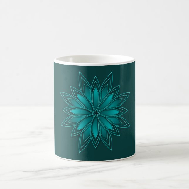 Teal Leaf Mandala Design on Dark Cyan Coffee Mug (Center)