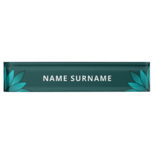 Teal Leaf Mandala Design on Dark Cyan Desk Name Plate