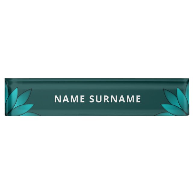 Teal Leaf Mandala Design on Dark Cyan Desk Name Plate (Front)