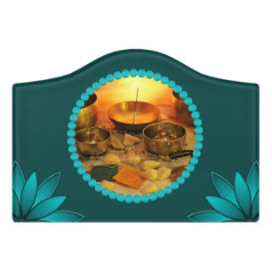Teal Leaf Mandala Design on Dark Cyan Door Sign